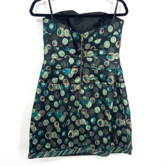 PHOEBE COUTURE Green Gold Metallic Asymmetrical Strapless Mini Dress Size 4 - Picture 2 of 7